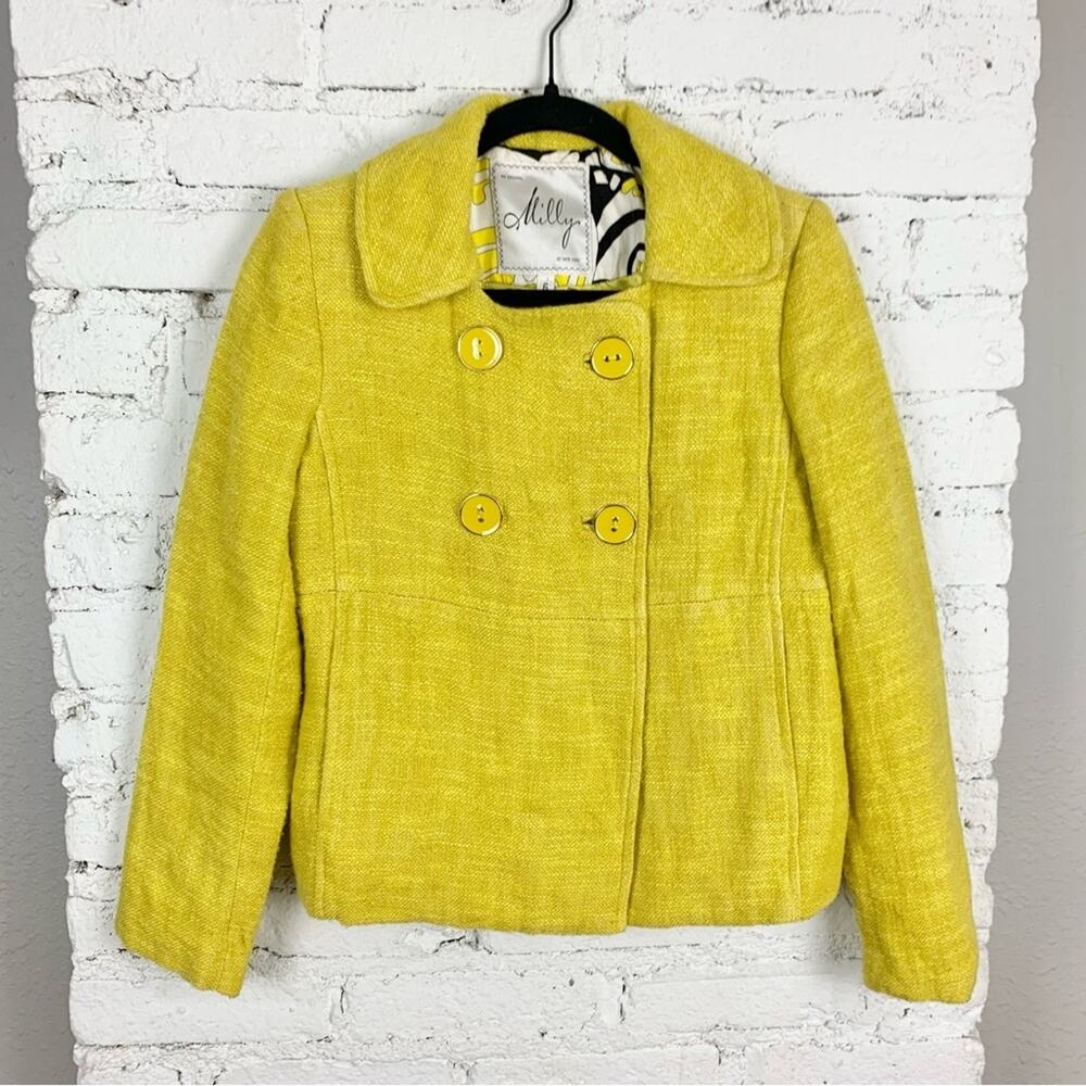 Milly New York Yellow Triple Button Double Breasted Twee Tweed Coat Blazer 6